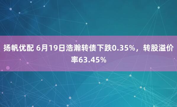 扬帆优配 6月19日浩瀚转债下跌0.35%，转股溢价率63.45%
